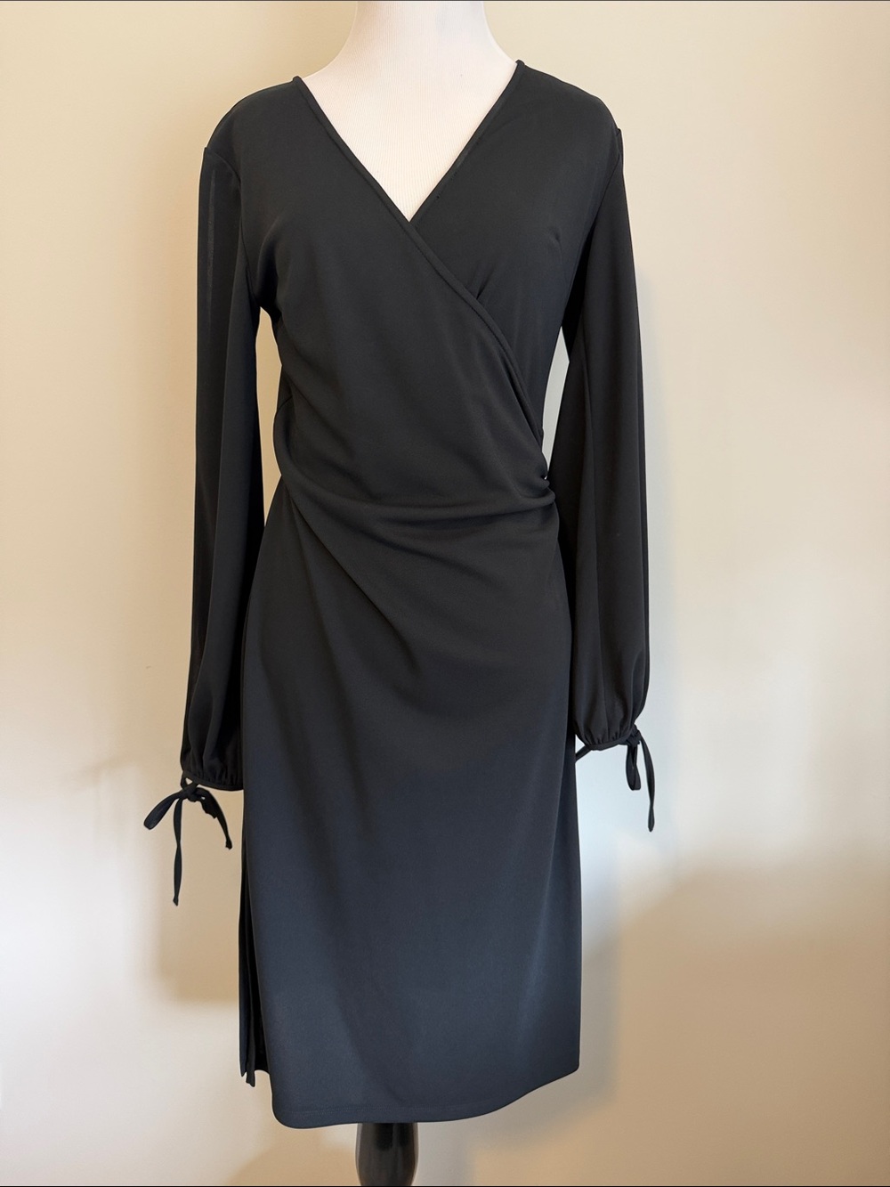 Express Black Long-Sleeve Wrap Dress with Tie Cuffs